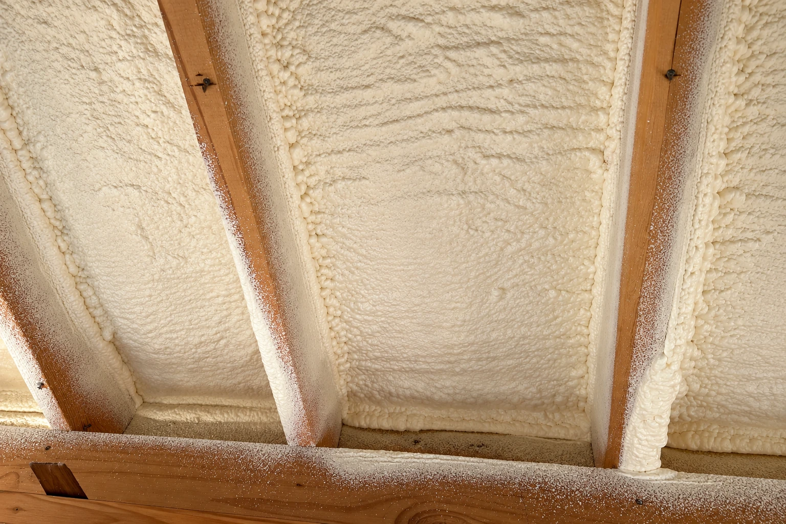 Close view of foam sealing the spaces between exposed wooden ceiling joists.