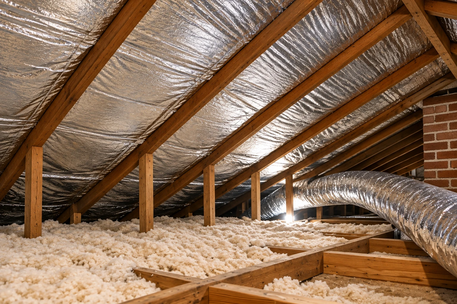 An attic has reflective foil beneath the roof rafters, loose-fill insulation across the floor, and a large flexible duct.