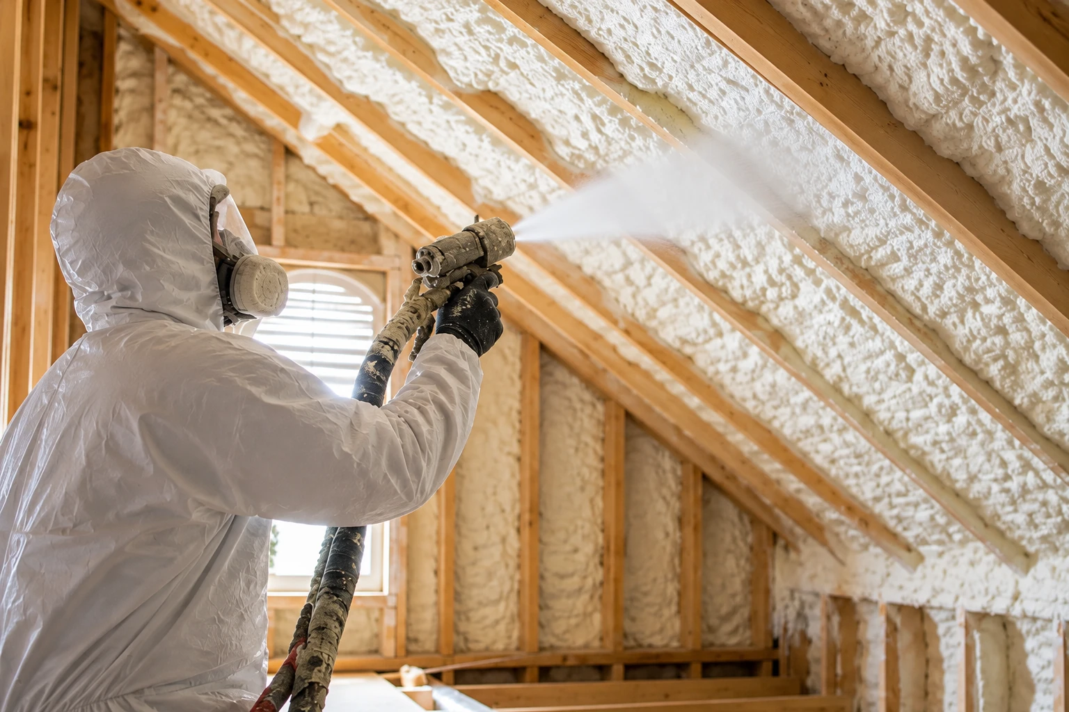 A worker in protective clothing sprays foam insulation along the rafters of an unfinished attic.