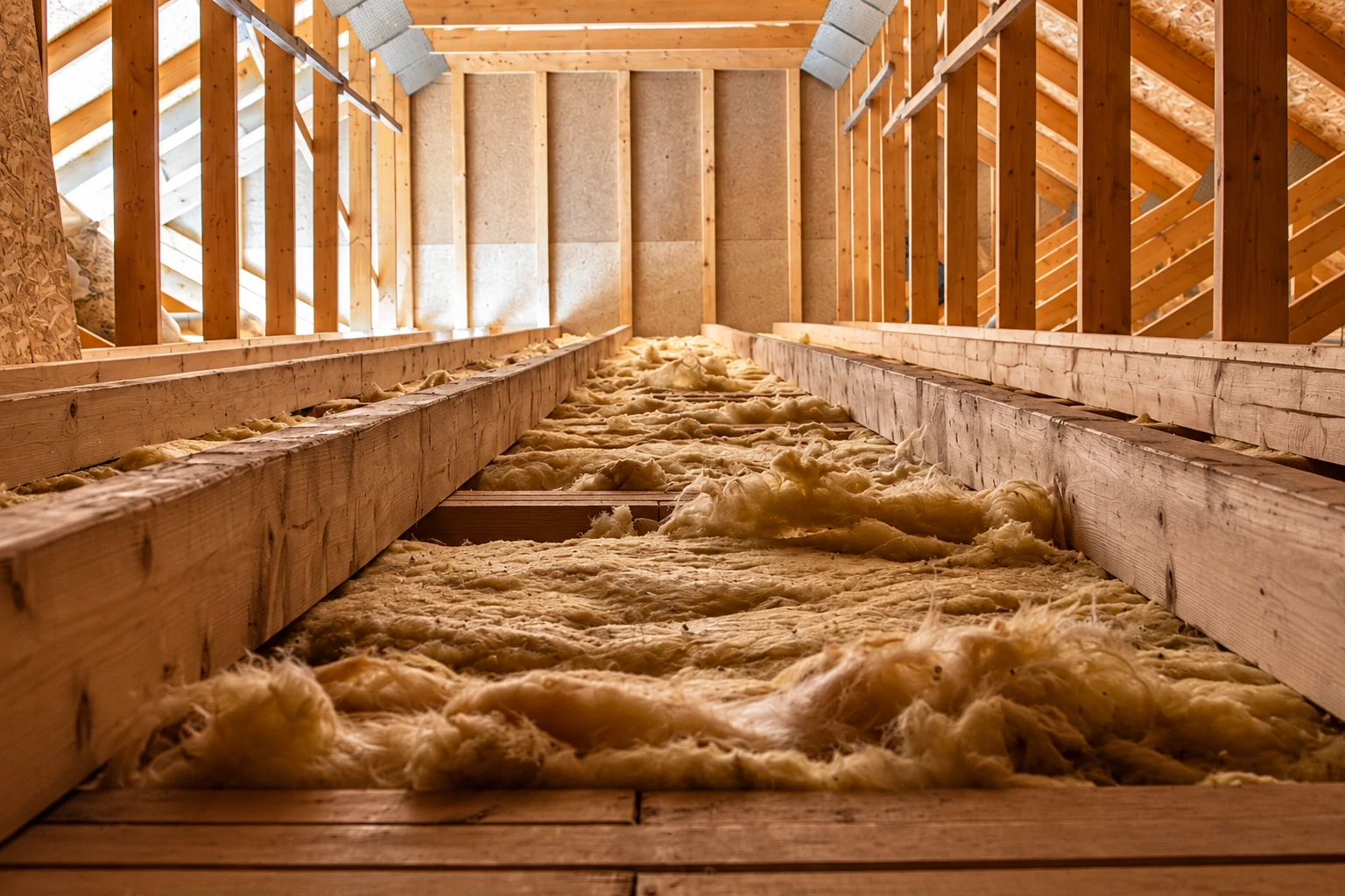 An attic with loose yellow insulation filling the floor between wooden joists.