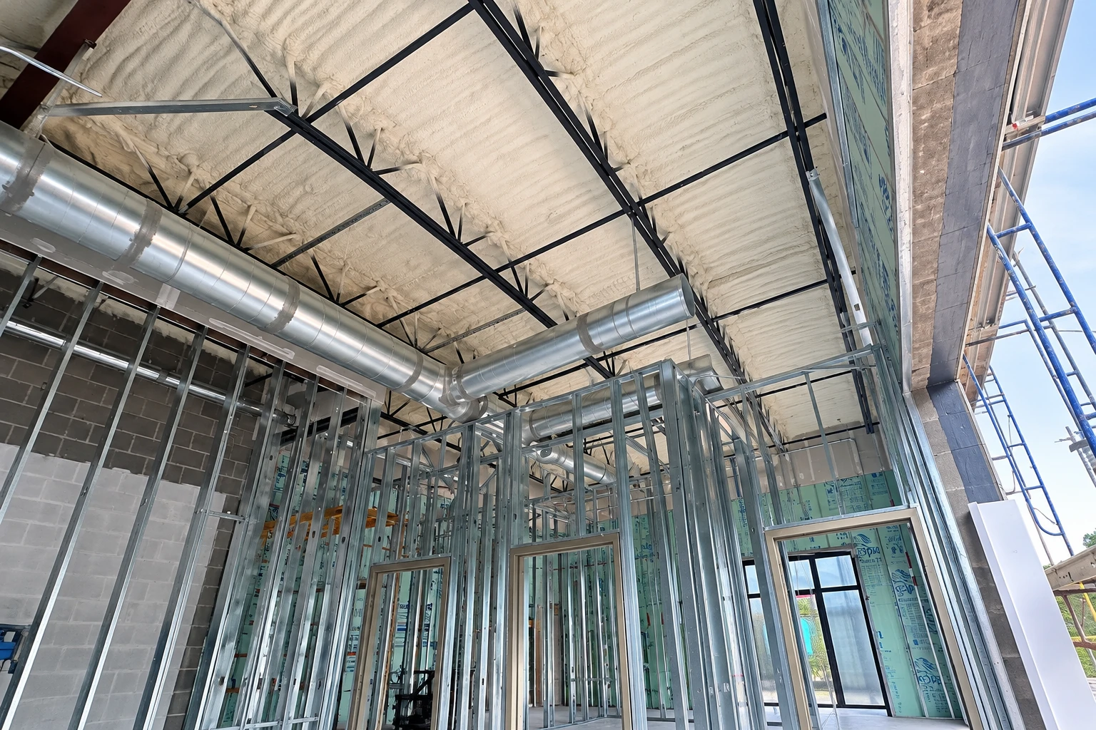 White spray foam coats the roof of an unfinished building above metal framing and silver air ducts.
