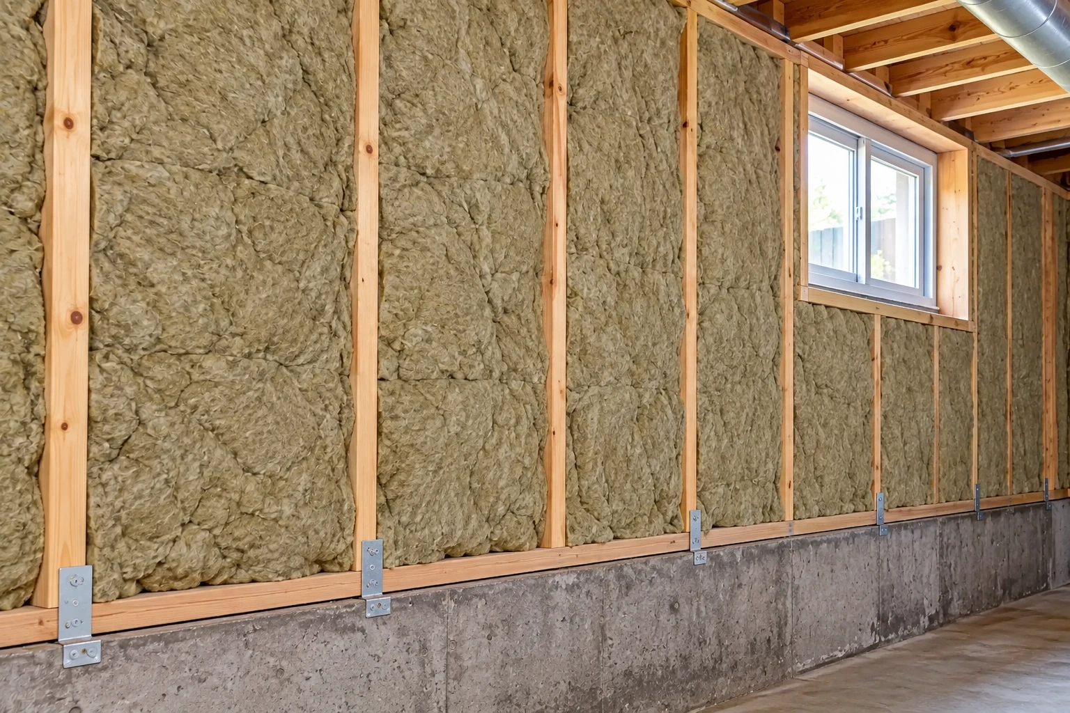 Gray mineral wool insulation fills wooden wall framing above a concrete basement foundation.