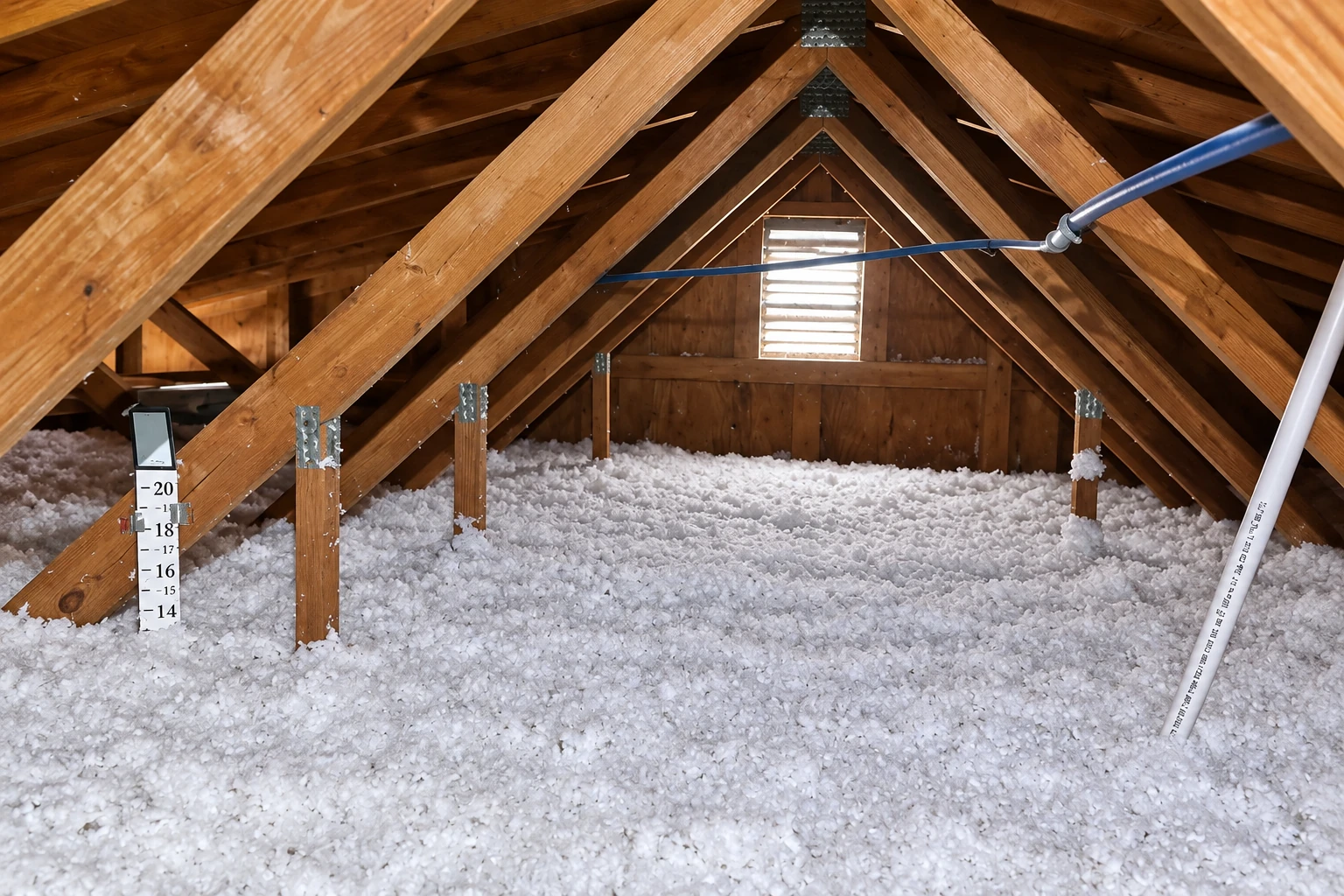 White blown-in insulation covers an attic floor beneath exposed wooden roof trusses.
