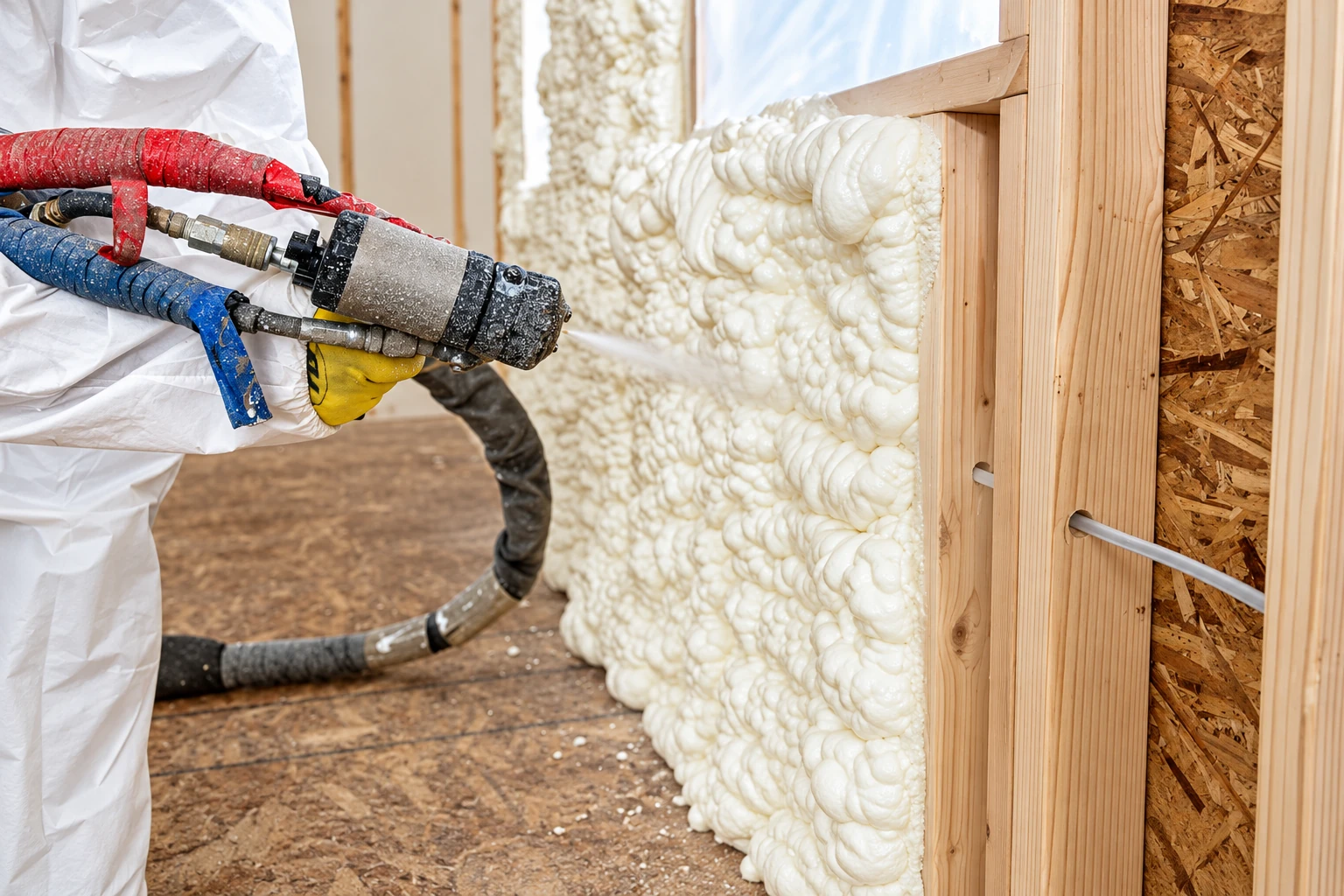 A worker sprays white closed-cell foam insulation into a wall cavity with a hose-mounted spray gun.