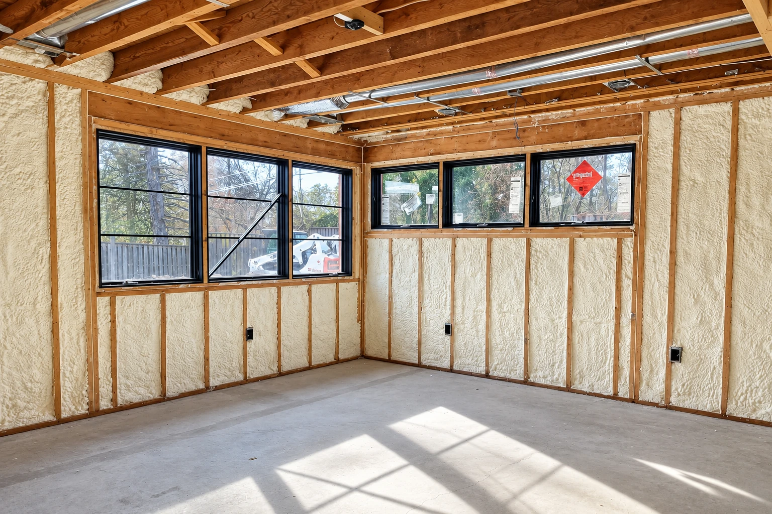 Interior walls of a framed room coated with pale spray foam insulation, with exposed ceiling joists and black-framed windows.