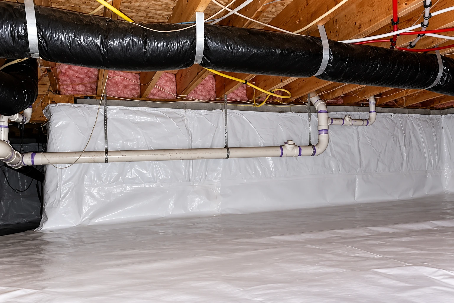 Crawl space with a white plastic vapor barrier covering the floor and walls, with exposed joists, insulation, ducts, and pipes overhead.