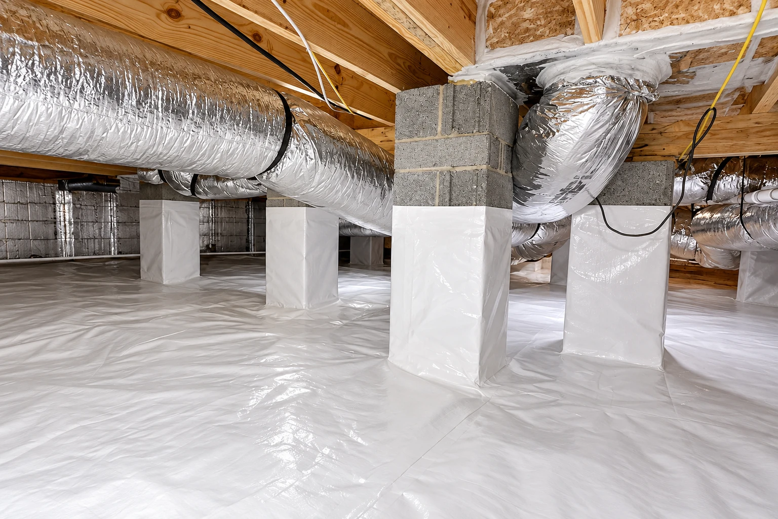 A crawl space has white plastic vapor barrier covering the floor and support piers, with insulated ducts overhead.
