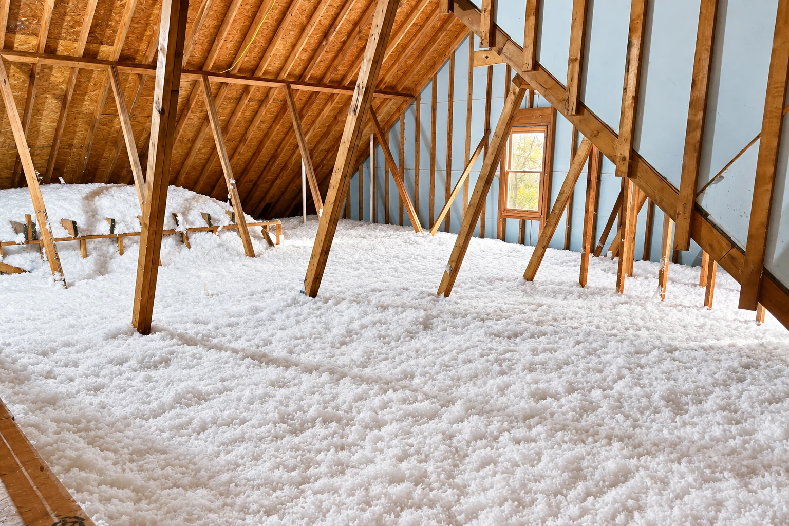 A spacious attic has a deep layer of white loose-fill insulation across the floor.