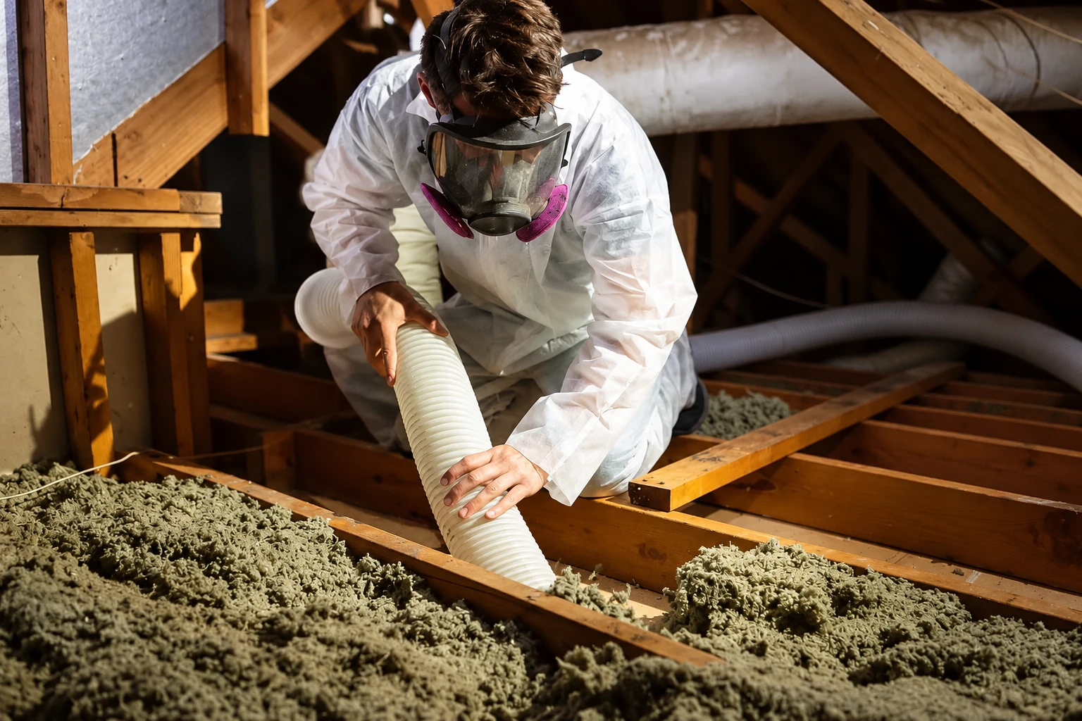 A worker wearing a respirator uses a wide hose to remove loose insulation from attic floor joists.