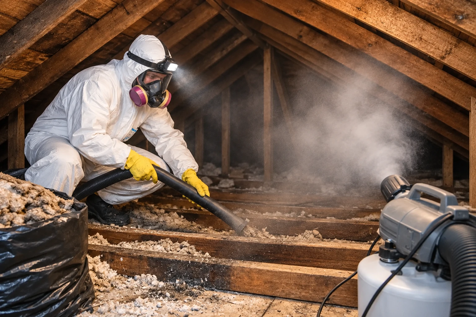 A worker in protective gear vacuums loose attic insulation from between exposed wooden rafters.
