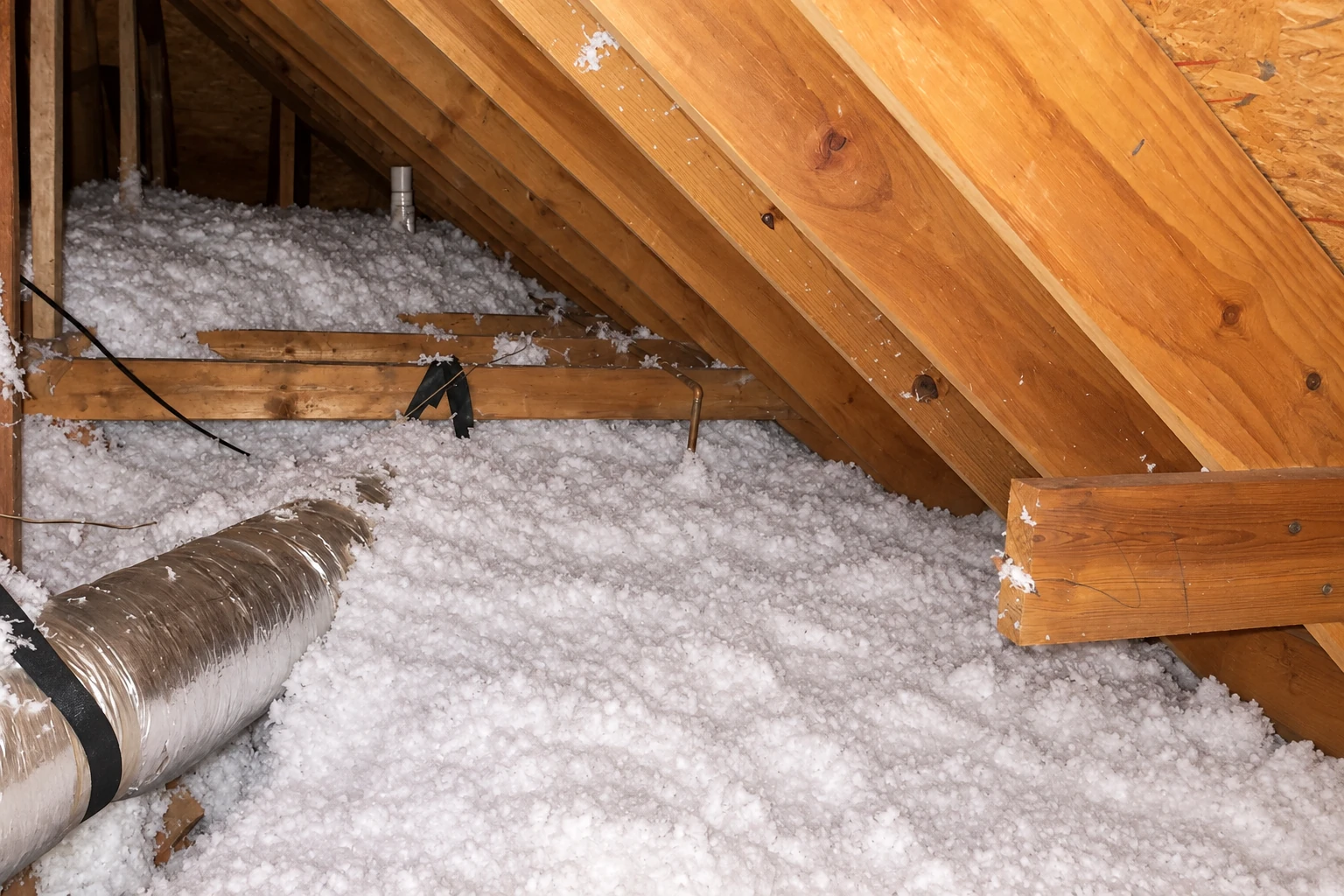 Attic floor covered in loose white blown-in insulation beneath exposed wooden rafters, with a flexible duct in the foreground.
