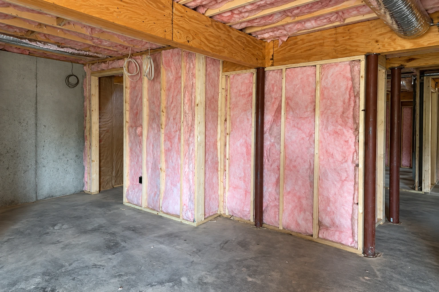 Pink fiberglass batts fill the framed walls of an unfinished basement beneath exposed ceiling joists.